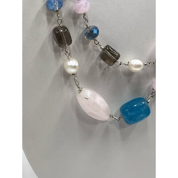 Handmade Sterling 925 Pink Blue Quartz Freshwater Pearl Double Strand Necklace - Picture 5 of 13